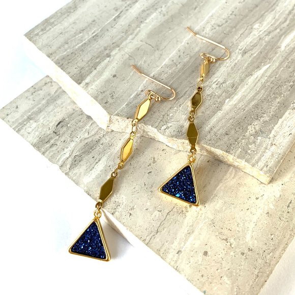 Blue Druzy triangle Long Diamond Chain Earrings ~ NWT - Picture 3 of 5